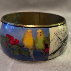 Vintage wide brass bangle – with birds and feathers